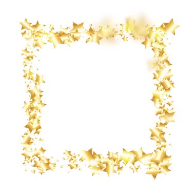 Beyaz arka planda altın yıldız konfetisi. Minimalist düşmüş parçacık. Tatil vektörü renkli konfeti. Doğum günü partisi arka planı. Noel kartı şablonu