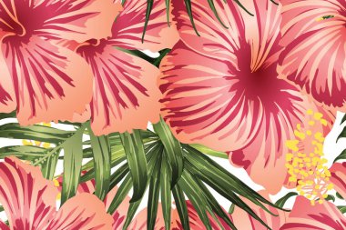 Yeşil kırmızı egzotik desen. Canavar yaprakları ve amber çiçekleri yaz baskısı. Doymuş büyük çiçekli mayo izi. Yatay Kaliforniya doğal doku tasarımı. Aşırı doğal botanik tasarımı.