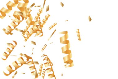  Altın konfetileri, kurdeleler. Parıldıyor. Bokeh geçmişi. Soyut altın yıldönümü davetiye şablonu. Düğün konsepti kartı. Uçan soyut parçacıklar. Patlama kutlama kartı.