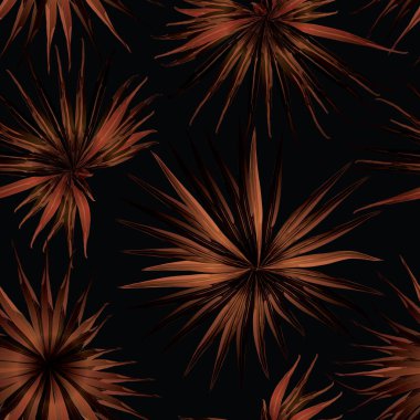 Palm Monstera Kusursuz Düzen. Turuncu Siyah Tropikal Yaz Arkaplanı. Plaj Ormanı Mayo Tasarımı Yaprakları. Lei Uyum. Klasik Hawai baskısı. Egzotik doku. Botanik döşemesi.