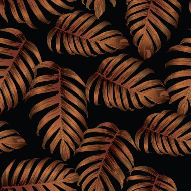 Palm Monstera Kusursuz Düzen. Turuncu Siyah Tropikal Yaz Arkaplanı. Plaj Ormanı Mayo Tasarımı Yaprakları. Lei Uyum. Klasik Hawai baskısı. Tropik Tekstil dokusu. Botanik fayansları.