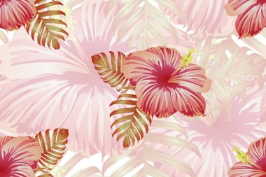 Tropikal desen. Kırmızı pembe yeşil egzotik yaz çiçeği vektör arka planı. Güzellik fasyonu canavarı, palmiye yaprakları ve amber çiçekleri. Hawaii tropik ormanı sonsuz iz. Doğal mayo tasarımı.