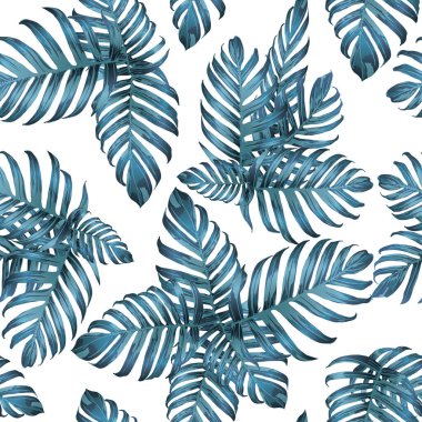Palm Monstera Kusursuz Düzen. Indigo Tropik Yaz Arkaplanı. Plaj Ormanı Mayo Tasarımı Yaprakları. Lei Uyum. Retro Hawai baskısı. Egzotik doku. Botanik döşemesi.