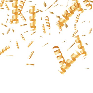  Altın konfetileri, kurdeleler. Parıldıyor. Bokeh geçmişi. Soyut altın yıldönümü davetiye şablonu. Düğün konsepti kartı. Uçan soyut parçacıklar. Patlama kutlama kartı.