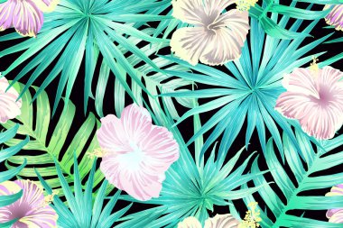 Cyan egzotik deseni. Canavar ve amber çiçekleri tropik buket. Hawaii tişörtü ve mayo fayansı. Yatay romantik vahşi vektör egzotik fayans. Aşırı doğal botanik tasarımı.