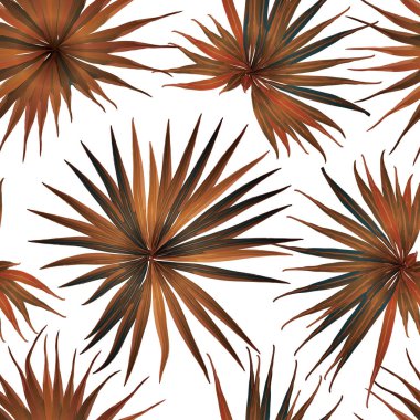 Palm Monstera Kusursuz Düzen. Turuncu Beyaz Tropikal Yaz Arkaplanı. Plaj Ormanı Mayo Tasarımı Yaprakları. Lei Uyum. Retro Hawai baskısı. Tropik Tekstil dokusu. Botanik fayansları.