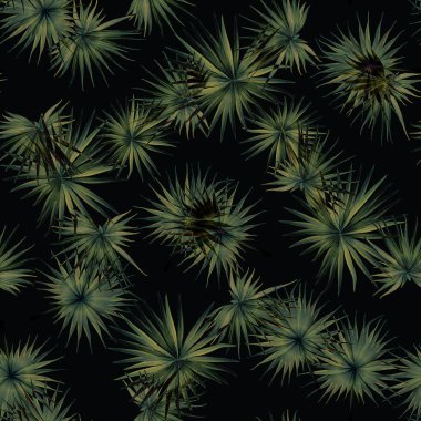 Palm Monstera Kusursuz Düzen. Yeşil Siyah Tropikal Yaz Arkaplanı. Plaj Ormanı Mayo Tasarımı Yaprakları. Lei Uyum. Retro Hawai baskısı. Egzotik doku. Botanik döşemesi.