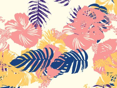 Tropikal arka plan. Yeşil, pembe, kırmızı, sarı canavar, amber çiçeği, avuç içi vektör elementleri. Hawaii egzotik kapak şablonu. Yaz botanik arka planı. Tropik çiçekli orman dokusuna sahip klasik bir iz..