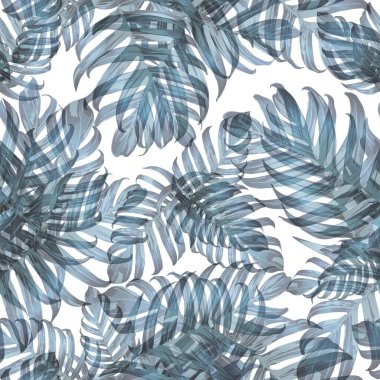 Palm Monstera Kusursuz Düzen. Mavi Beyaz Tropikal Yaz Arkaplanı. Plaj Ormanı Mayo Tasarımı Yaprakları. Lei Uyum. Retro Hawai baskısı. Egzotik doku. Botanik döşemesi.