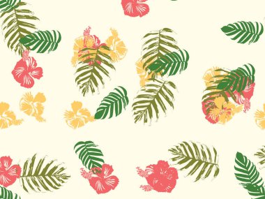 Tropikal arka plan. Yeşil, pembe, kırmızı, sarı canavar, amber çiçeği, avuç içi vektör elementleri. Hawaii egzotik kapak şablonu. Yaz botanik arka planı. Tropik çiçekli orman dokusuna sahip klasik bir iz..