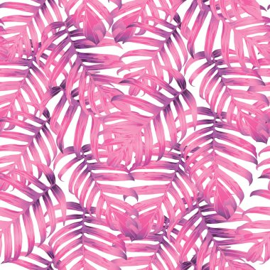 Palm Monstera Kusursuz Düzen. Beyaz Pembe Tropik Yaz Arkaplanı. Plaj Ormanı Mayo Tasarımı Yaprakları. Lei Uyum. Retro Hawai baskısı. Tropik Tekstil dokusu. Botanik fayansları.