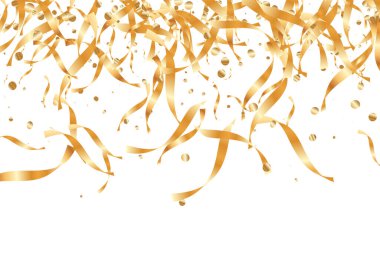  Altın konfetileri, kurdeleler. Parıldıyor. Bokeh geçmişi. Soyut altın yıldönümü davetiye şablonu. Düğün konsepti kartı. Uçan soyut parçacıklar. Patlama kutlama kartı.