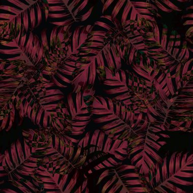 Palm Monstera Kusursuz Düzen. Turuncu Siyah Tropikal Yaz Arkaplanı. Plaj Ormanı Mayo Tasarımı Yaprakları. Lei Uyum. Retro Hawai baskısı. Egzotik doku. Botanik fayansları.