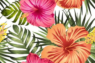 Yeşil kırmızı egzotik desen. Canavar yaprakları ve amber çiçekleri yaz baskısı. Hawaii tişörtü ve mayo fayansı. Yatay romantik vahşi vektör egzotik fayans. Aşırı doğal botanik tasarımı.