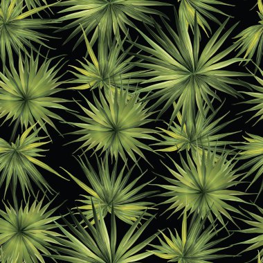 Palm Monstera Kusursuz Düzen. Yeşil Siyah Tropikal Yaz Arkaplanı. Plaj Ormanı Mayo Tasarımı Yaprakları. Lei Uyum. Retro Hawai baskısı. Tropik Tekstil dokusu. Botanik fayansları.