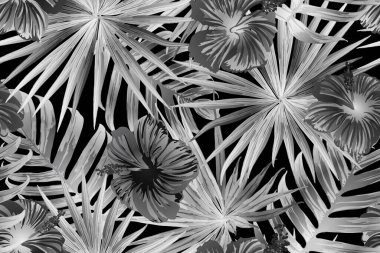 Siyah beyaz egzotik desen. Canavar ve amber çiçekleri tropik buket. Doymuş büyük çiçekli mayo izi. Yatay romantik vahşi vektör egzotik fayans. Güzel bahar botanik tasarımı.