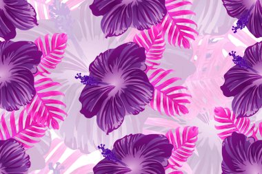 Tropikal desen. Kırmızı pembe egzotik yaz çiçeği vektör arkaplanı. Güzellik fasyonu canavarı, palmiye yaprakları ve amber çiçekleri. Hawaii tropik ormanı sonsuz iz. Doğal mayo tasarımı.