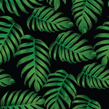 Palm Monstera Kusursuz Düzen. Siyah Yeşil Tropikal Yaz Arkaplanı. Plaj Ormanı Mayo Tasarımı Yaprakları. Lei Uyum. Klasik Hawai baskısı. Tropik Tekstil dokusu. Botanik döşemesi.