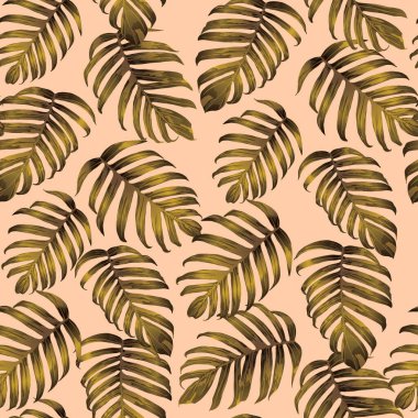 Palm Monstera Kusursuz Düzen. Sarı Tropik Yaz Arkaplanı. Plaj Ormanı Mayo Tasarımı Yaprakları. Lei Uyum. Klasik Hawai baskısı. Tropik Tekstil dokusu. Botanik fayansları.