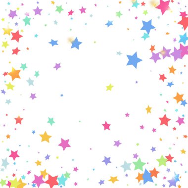 Beyaz arka planda yeşil, kırmızı, sarı, pembe yıldız konfetileri. Minimalist düşmüş parçacık. Soyut vektör renkli konfeti. Doğum günü partisi arka planı. Yeni yıl kartı şablonu