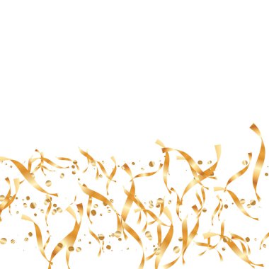  Altın konfetileri, kurdeleler. Parıldıyor. Bokeh geçmişi. Soyut altın yıldönümü davetiye şablonu. Düğün konsepti kartı. Uçan soyut parçacıklar. Patlama kutlama kartı.