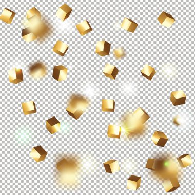 3 boyutlu altın küplü konfeti. Uçan parlak parıltı. Bokeh arızası dokusu. Soyut altın odaklı doğum günü davetiyesi şablonu. Altın kare düğün kartı. Uçan soyut parıltı. Patlama kutlama kartı