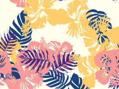 Tropikal arka plan. Yeşil, pembe, kırmızı, sarı canavar, amber çiçeği, avuç içi vektör elementleri. Hawaii egzotik kapak şablonu. Yaz botanik arka planı. Tropik çiçekli orman dokusuna sahip klasik bir iz..