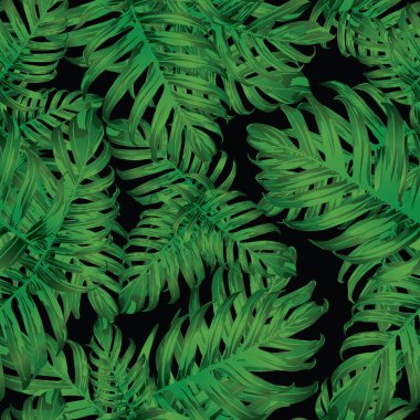 Palm Monstera Kusursuz Düzen. Siyah Yeşil Tropikal Yaz Arkaplanı. Plaj Ormanı Mayo Tasarımı Yaprakları. Lei Uyum. Klasik Hawai baskısı. Tropik Tekstil dokusu. Botanik fayansları.