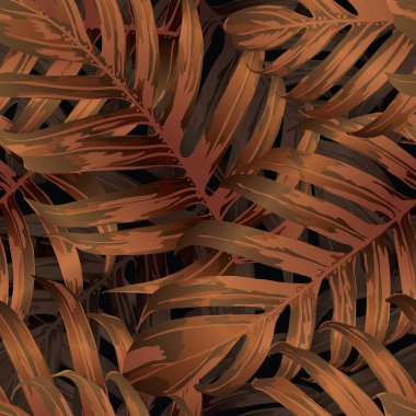 Palm Monstera Kusursuz Düzen. Turuncu Siyah Tropikal Yaz Arkaplanı. Plaj Ormanı Mayo Tasarımı Yaprakları. Lei Uyum. Retro Hawai baskısı. Egzotik doku. Botanik döşemesi.