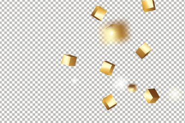 Şeffaf arkaplanda 3 boyutlu altın küplü konfeti izole edilmiş. Uçan parlak parıltı. Bokeh arızası dokusu. Soyut altın odaklı doğum günü davetiyesi şablonu. Uçan soyut parıltı.