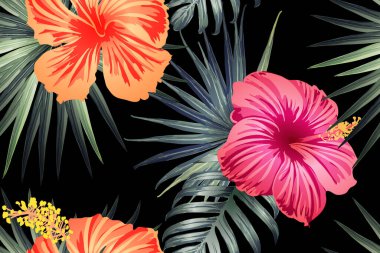 Yeşil kırmızı egzotik desen. Canavar yaprakları ve amber çiçekleri yaz baskısı. Hawaii tişörtü ve mayo fayansı. Yatay Kaliforniya doğal doku tasarımı. Güzel bahar botanik tasarımı.