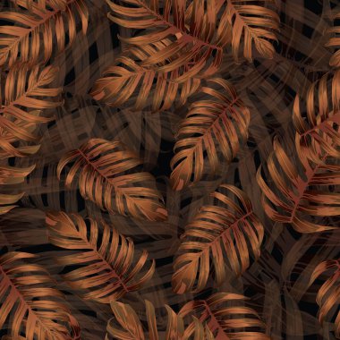 Palm Monstera Kusursuz Düzen. Turuncu Siyah Tropikal Yaz Arkaplanı. Plaj Ormanı Mayo Tasarımı Yaprakları. Lei Uyum. Retro Hawai baskısı. Egzotik doku. Botanik fayansları.