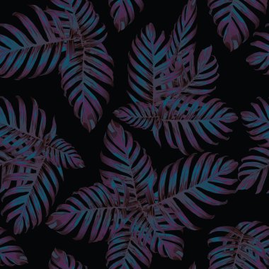 Palm Monstera Kusursuz Düzen. Indigo Tropik Yaz Arkaplanı. Plaj Ormanı Mayo Tasarımı Yaprakları. Lei Uyum. Klasik Hawai baskısı. Egzotik doku. Botanik fayansları.