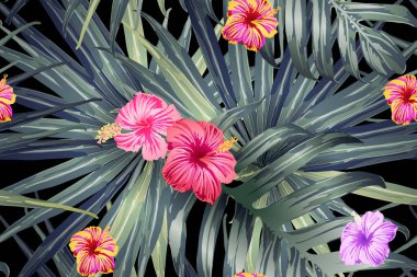 Yeşil kırmızı egzotik desen. Canavar ve amber çiçekleri tropik buket. Hawaii tişörtü ve mayo fayansı. Yatay romantik vahşi vektör egzotik fayans. Güzel bahar botanik tasarımı.