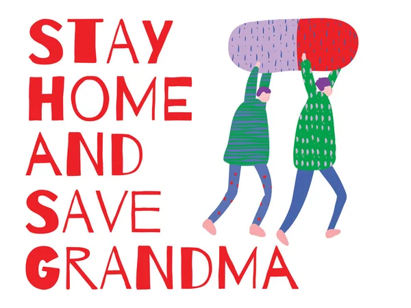 Cartoon Characters Pill Stay Home Grandma Lettering — Wektor stockowy