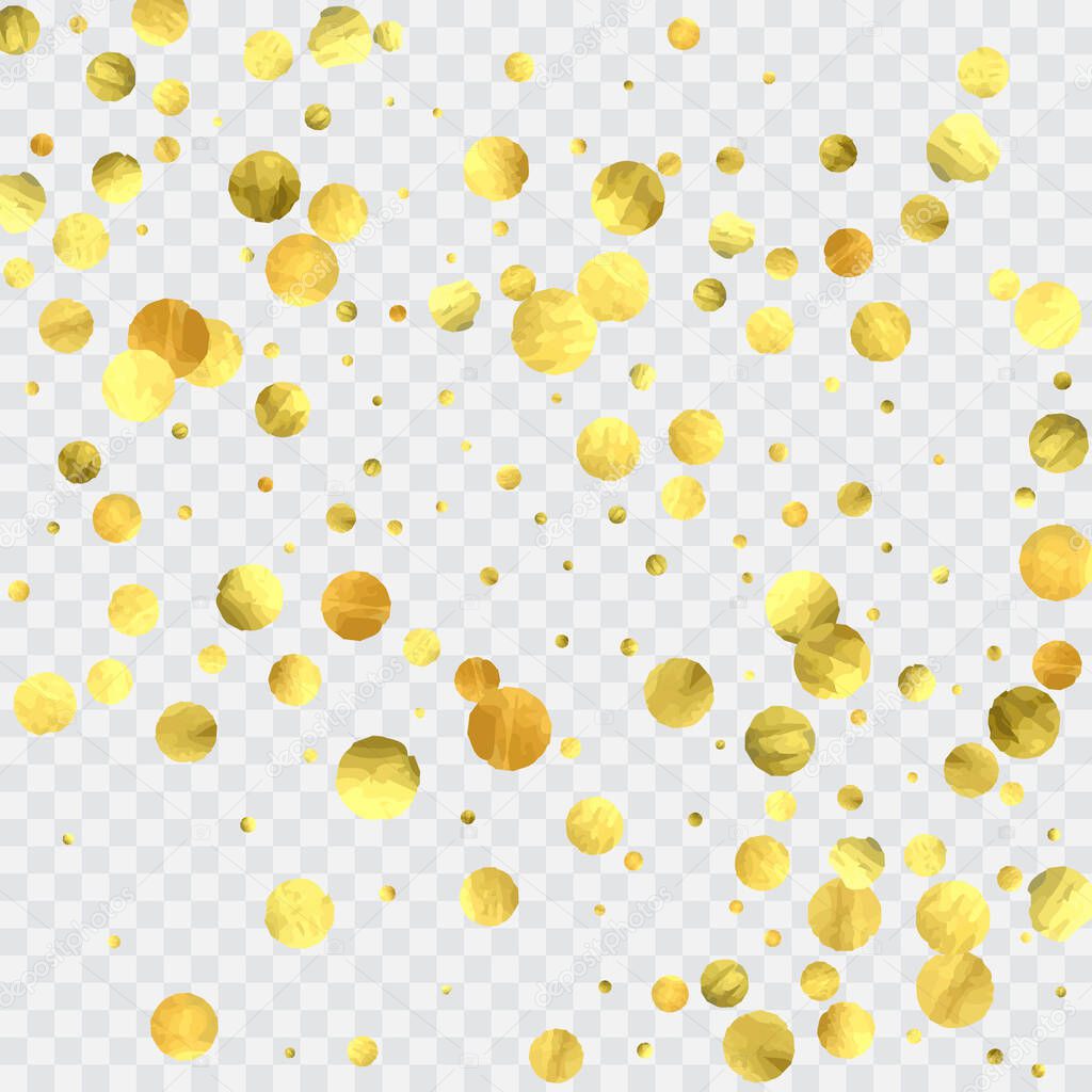 Round gold confetti. Glow vector celebrate background. Watercolor golden sparkles and dots. Voucher backdrop. Luxury invitation card template. Falling gold confetti. Glitter background.