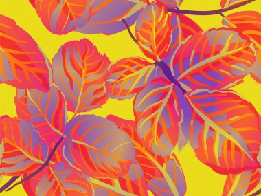 Rose Leaves Leamless Destern 'de. Tekrarlanan Bahar Şakayığı Duvar Kağıdı. Romantik Botanik Vektör Geçmişi. Yaz Tekstil Tasarımı. Safran Sarı ve Kırmızı Boyalı İngiliz Gülü Yaprak Örnekleri Koleksiyonu.