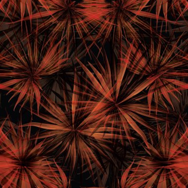 Palm Monstera Kusursuz Düzen. Turuncu Siyah Tropikal Yaz Arkaplanı. Plaj Ormanı Mayo Tasarımı Yaprakları. Lei Uyum. Klasik Hawai baskısı. Tropik Tekstil dokusu. Botanik döşemesi.