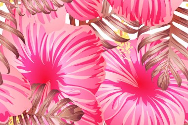 Pembe kırmızı egzotik desen. Canavar yaprakları ve amber çiçekleri yaz baskısı. Doymuş büyük çiçekli mayo izi. Yatay Kaliforniya doğal doku tasarımı. Aşırı doğal botanik tasarımı.