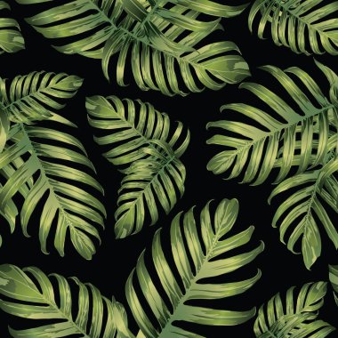 Palm Monstera Kusursuz Düzen. Yeşil Siyah Tropikal Yaz Arkaplanı. Plaj Ormanı Mayo Tasarımı Yaprakları. Lei Uyum. Klasik Hawai baskısı. Egzotik doku. Botanik döşemesi.
