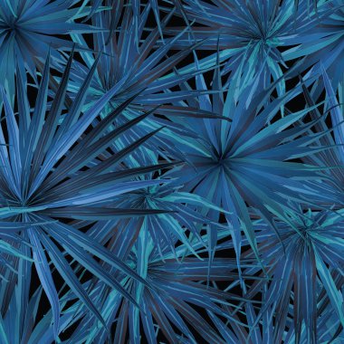 Palm Monstera Kusursuz Düzen. Mavi Siyah Tropikal Yaz Arkaplanı. Plaj Ormanı Mayo Tasarımı Yaprakları. Lei Uyum. Klasik Hawai baskısı. Tropik Tekstil dokusu. Botanik döşemesi.