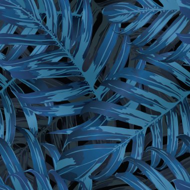 Palm Monstera Kusursuz Düzen. Indigo Tropik Yaz Arkaplanı. Plaj Ormanı Mayo Tasarımı Yaprakları. Lei Uyum. Klasik Hawai baskısı. Egzotik doku. Botanik döşemesi.