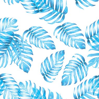 Palm Monstera Kusursuz Düzen. Mavi Beyaz Tropikal Yaz Arkaplanı. Plaj Ormanı Mayo Tasarımı Yaprakları. Lei Uyum. Klasik Hawai baskısı. Egzotik doku. Botanik fayansları.