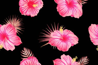 Pembe kırmızı egzotik desen. Canavar yaprakları ve amber çiçekleri yaz baskısı. Doymuş büyük çiçekli mayo izi. Yatay Kaliforniya doğal doku tasarımı. Aşırı doğal botanik tasarımı.