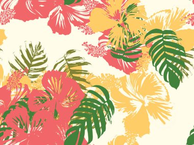 Tropikal arka plan. Yeşil, pembe, kırmızı, sarı canavar, amber çiçeği, avuç içi vektör elementleri. Hawaii egzotik kapak şablonu. Yaz botanik arka planı. Tropik çiçekli orman dokusuna sahip klasik bir iz..