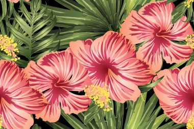 Yeşil kırmızı egzotik desen. Canavar yaprakları ve amber çiçekleri yaz baskısı. Doymuş büyük çiçekli mayo izi. Yatay Kaliforniya doğal doku tasarımı. Güzel bahar botanik tasarımı.