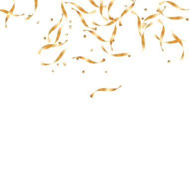  Altın konfetileri, kurdeleler. Parıldıyor. Bokeh geçmişi. Soyut altın yıldönümü davetiye şablonu. Düğün konsepti kartı. Uçan soyut parçacıklar. Patlama kutlama kartı.