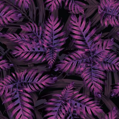 Palm Monstera Kusursuz Düzen. Siyah Pembe Tropik Yaz Arkaplanı. Plaj Ormanı Mayo Tasarımı Yaprakları. Lei Uyum. Klasik Hawai baskısı. Tropik Tekstil dokusu. Botanik fayansları.