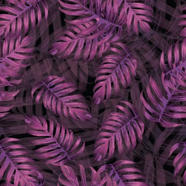 Palm Monstera Kusursuz Düzen. Magenta Tropik Yaz Arkaplanı. Plaj Ormanı Mayo Tasarımı Yaprakları. Lei Uyum. Retro Hawai baskısı. Tropik Tekstil dokusu. Botanik döşemesi.