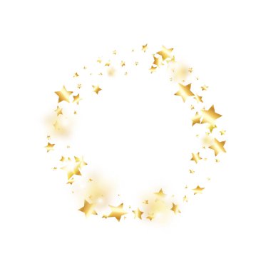 Beyaz arka planda altın yıldız konfetisi. Parlak, parlak bir duş. Soyut vektör renkli konfeti. Doğum günü partisi arka planı. Yeni yıl kartı şablonu